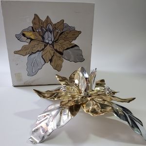 Vintage Deptartment 56 Poinsettia Taper Candle Holder Christmas Decor Gold